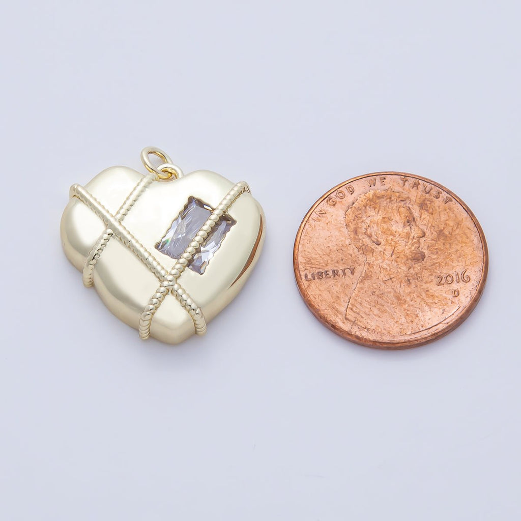 14K Gold Filled 20mm Clear Baguette CZ Rope Tied Chubby Heart Charm | AF1480
