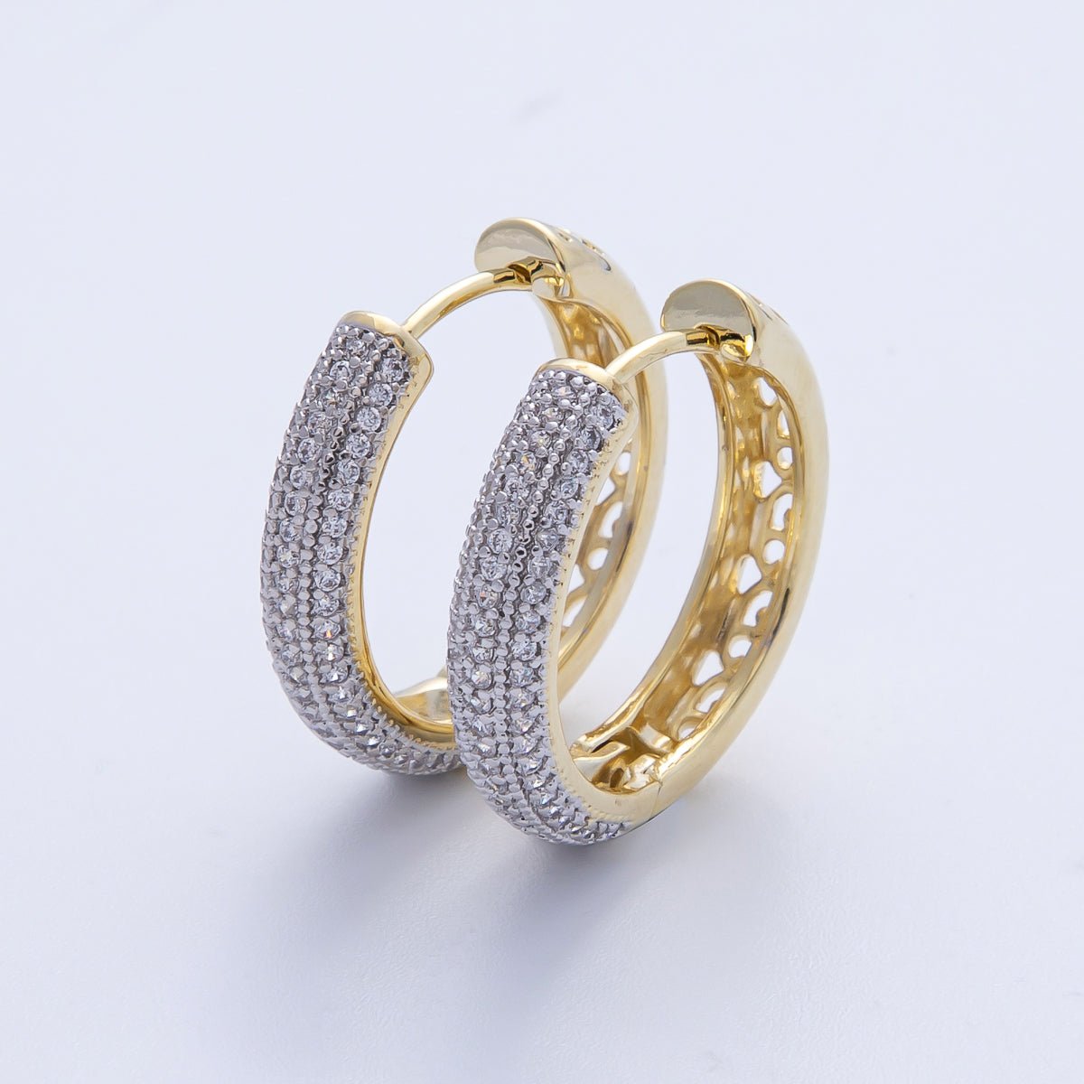 14K Gold Filled 22.5mm Filigree Micro Paved CZ Mixed Metal Hoop Earrings | Earrings-00070