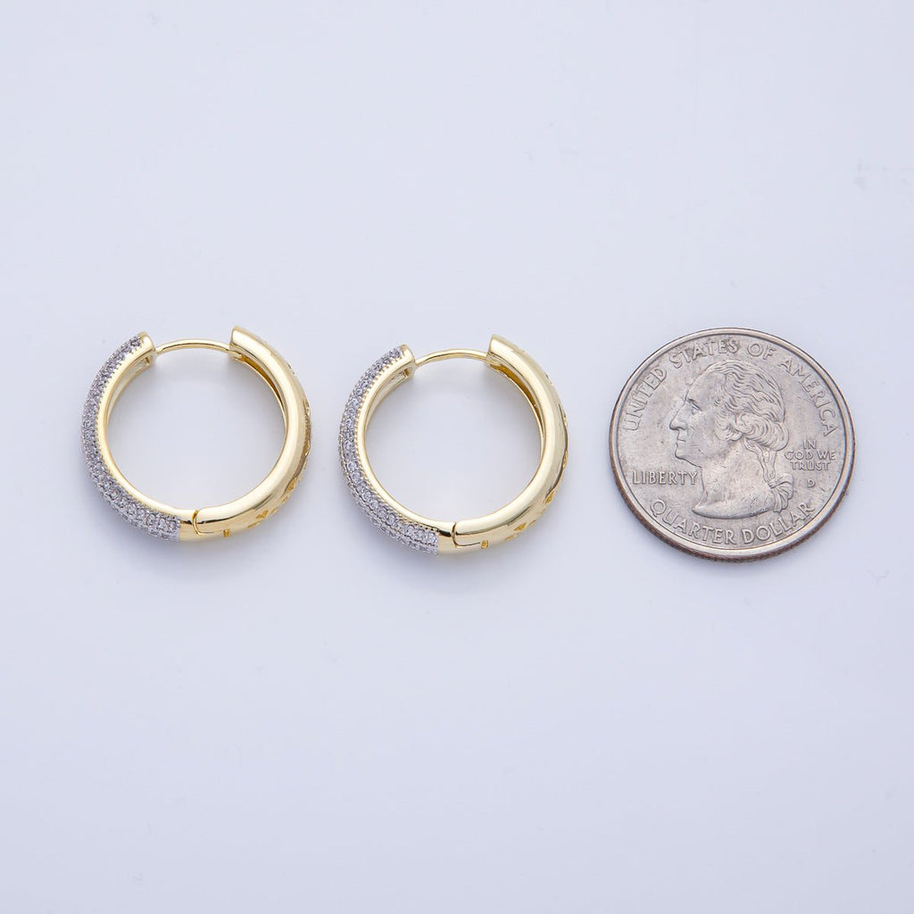 14K Gold Filled 22.5mm Filigree Micro Paved CZ Mixed Metal Hoop Earrings | Earrings-00070
