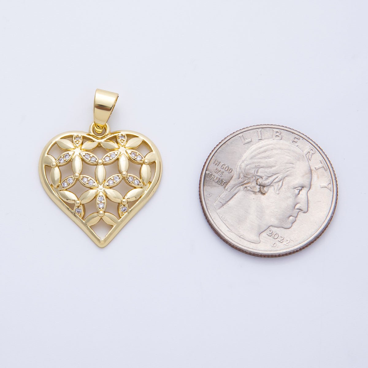 14K Gold Filled 23mm Micro Paved CZ Flower Heart Open Charm | Charms-00062