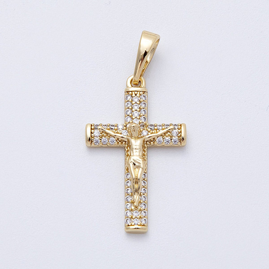 14K Gold Filled 24.5mm Micro Paved CZ Crucifix Religious Cross Pendant | Charms-00220