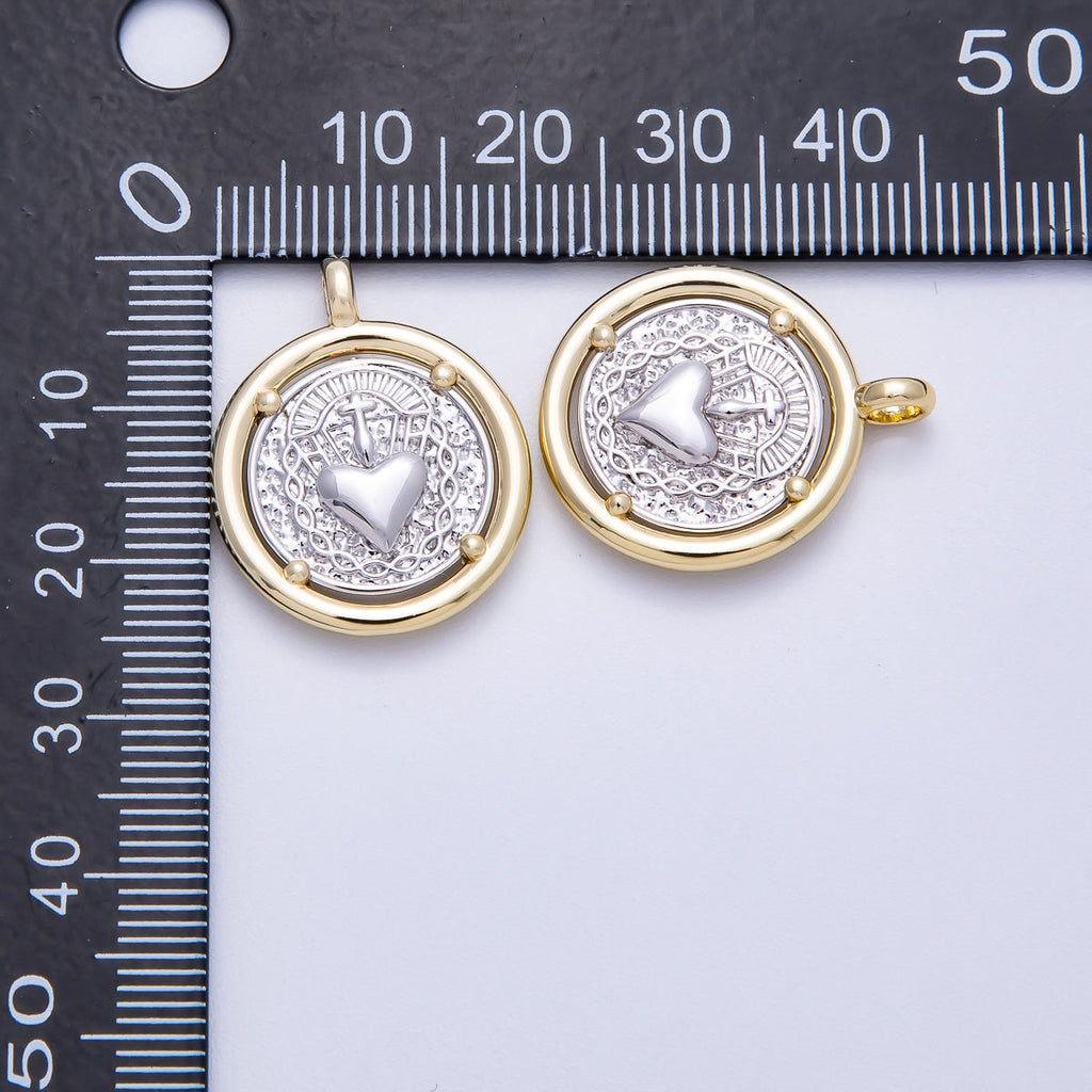 14K Gold Filled 25mm Textured Religious Sacred Heart Round Charm | Charms-00574