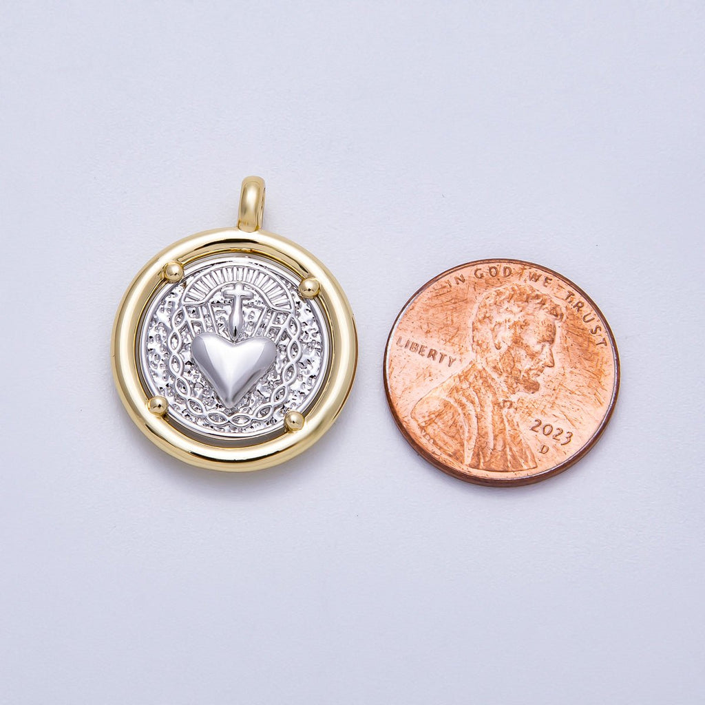 14K Gold Filled 25mm Textured Religious Sacred Heart Round Charm | Charms-00574