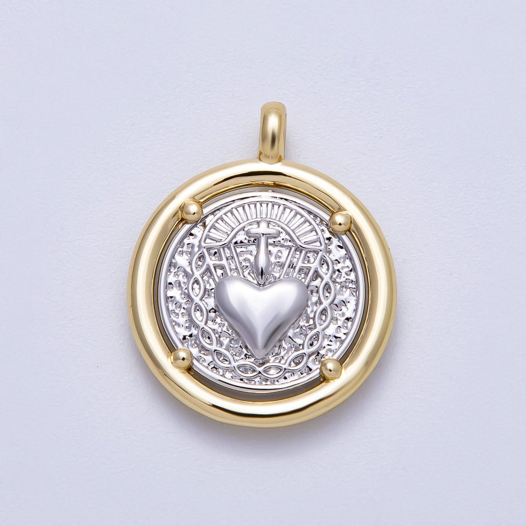 14K Gold Filled 25mm Textured Religious Sacred Heart Round Charm | Charms-00574