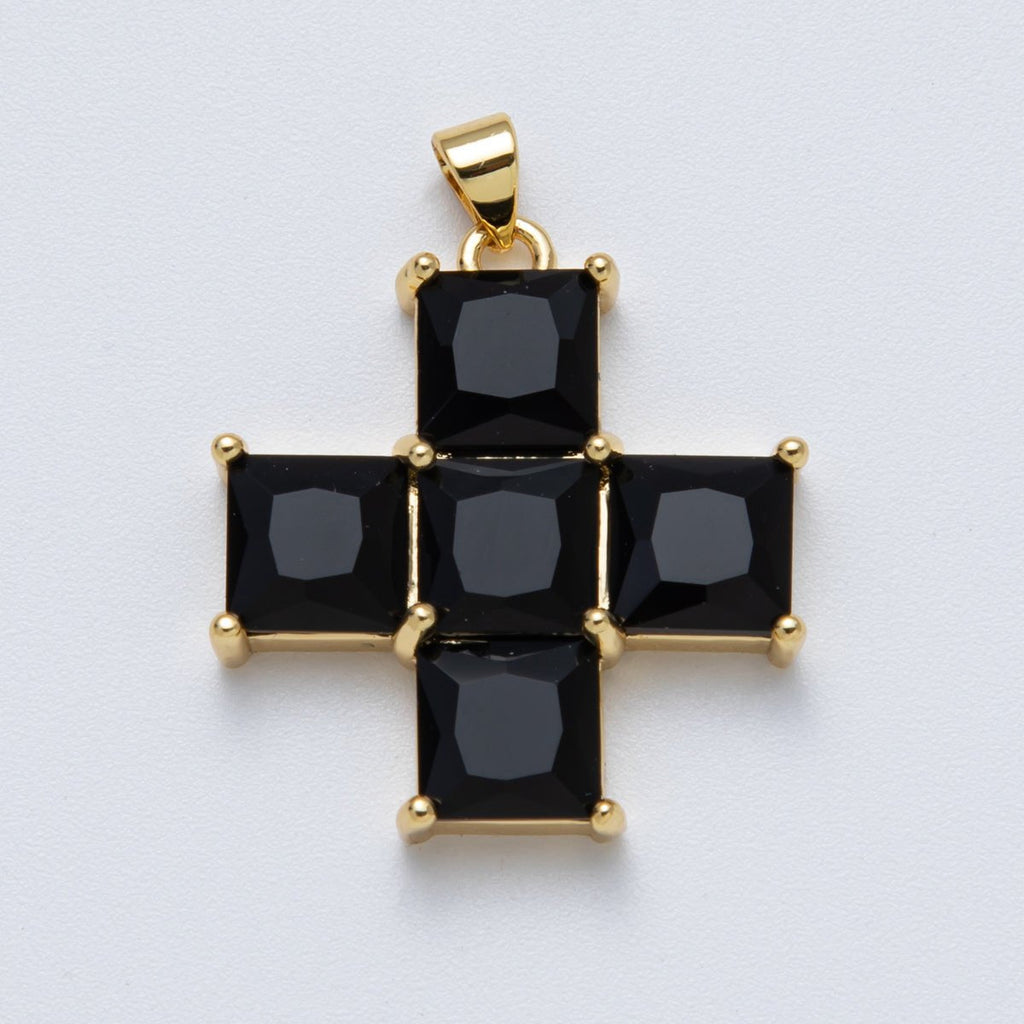 14K Gold Filled 30mm Black, Clear CZ Baguette Square Religious Cross Pendant | Charms-00065 Charms-00066