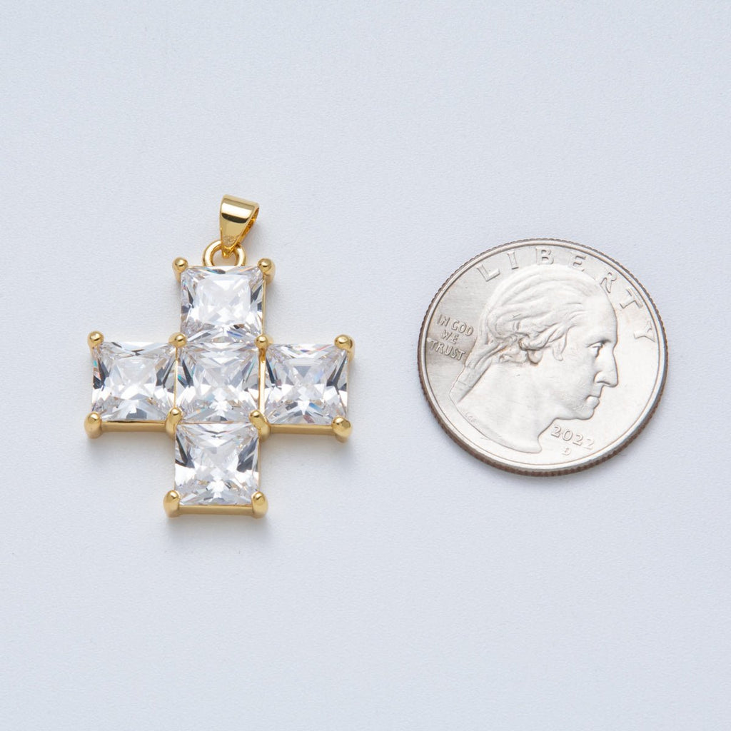 14K Gold Filled 30mm Black, Clear CZ Baguette Square Religious Cross Pendant | Charms-00065 Charms-00066