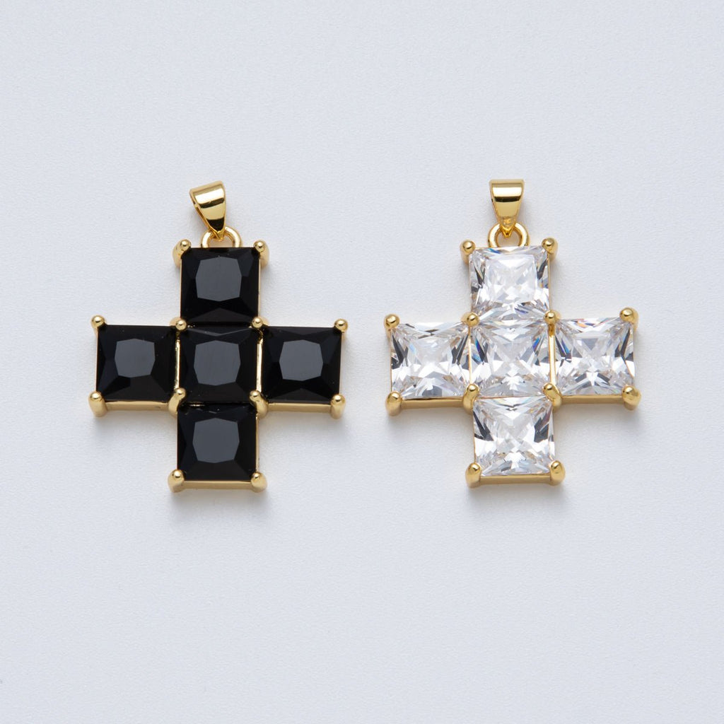 14K Gold Filled 30mm Black, Clear CZ Baguette Square Religious Cross Pendant | Charms-00065 Charms-00066