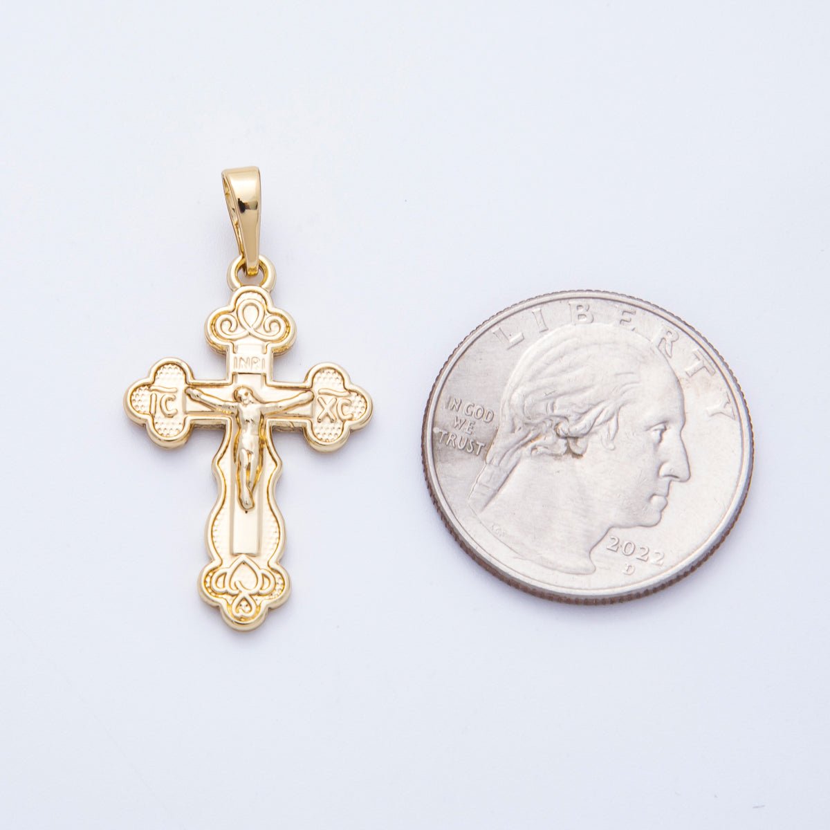 14K Gold Filled 30mm INRI Jesus Crucifix Buttony Cross Religious Pendant | Charms-00210