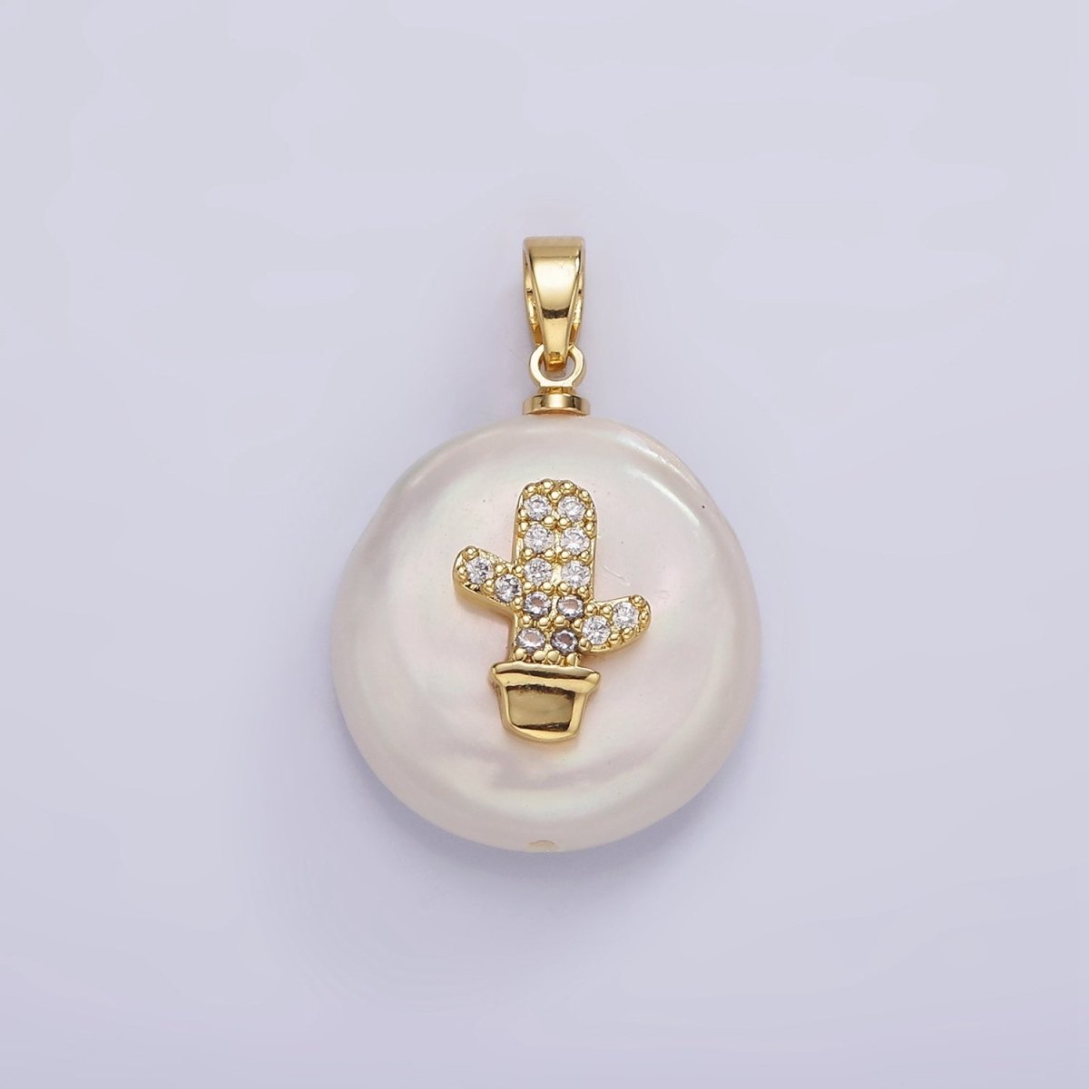 14K Gold Filled 30mm Micro Paved CZ Cactus Plant Round Keishi Freshwater Pearl Pendant | P1667