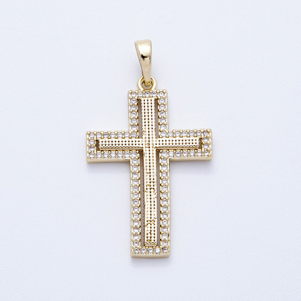 14K Gold Filled 33mm Beaded Textured Micro Paved CZ Religious Cross Bezel Pendant | Charms-00353