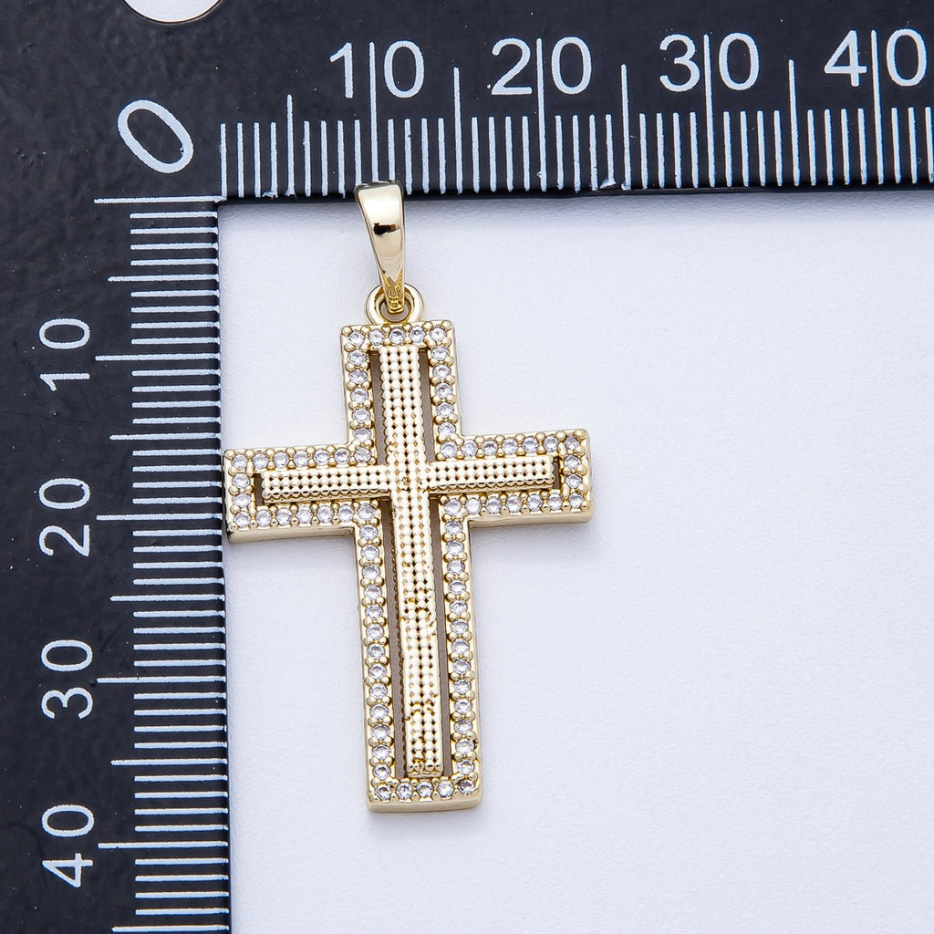 14K Gold Filled 33mm Beaded Textured Micro Paved CZ Religious Cross Bezel Pendant | Charms-00353