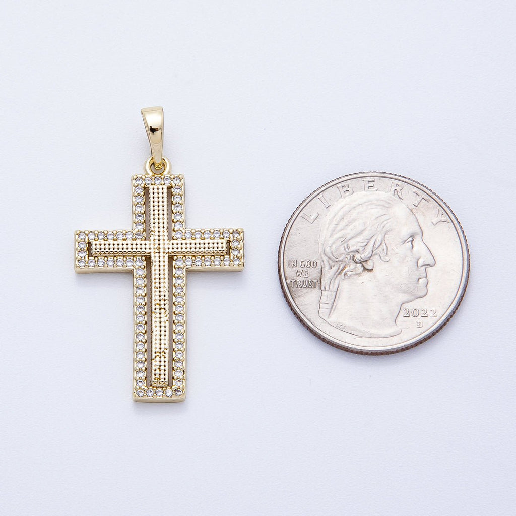 14K Gold Filled 33mm Beaded Textured Micro Paved CZ Religious Cross Bezel Pendant | Charms-00353