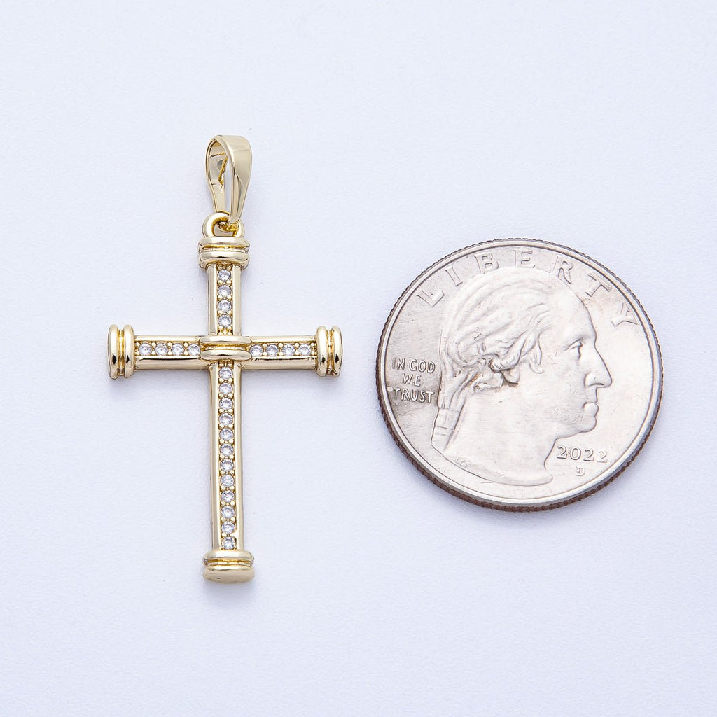 14K Gold Filled 33mm Micro Paved CZ Tube Band Religious Cross Pendant | Charms-00430