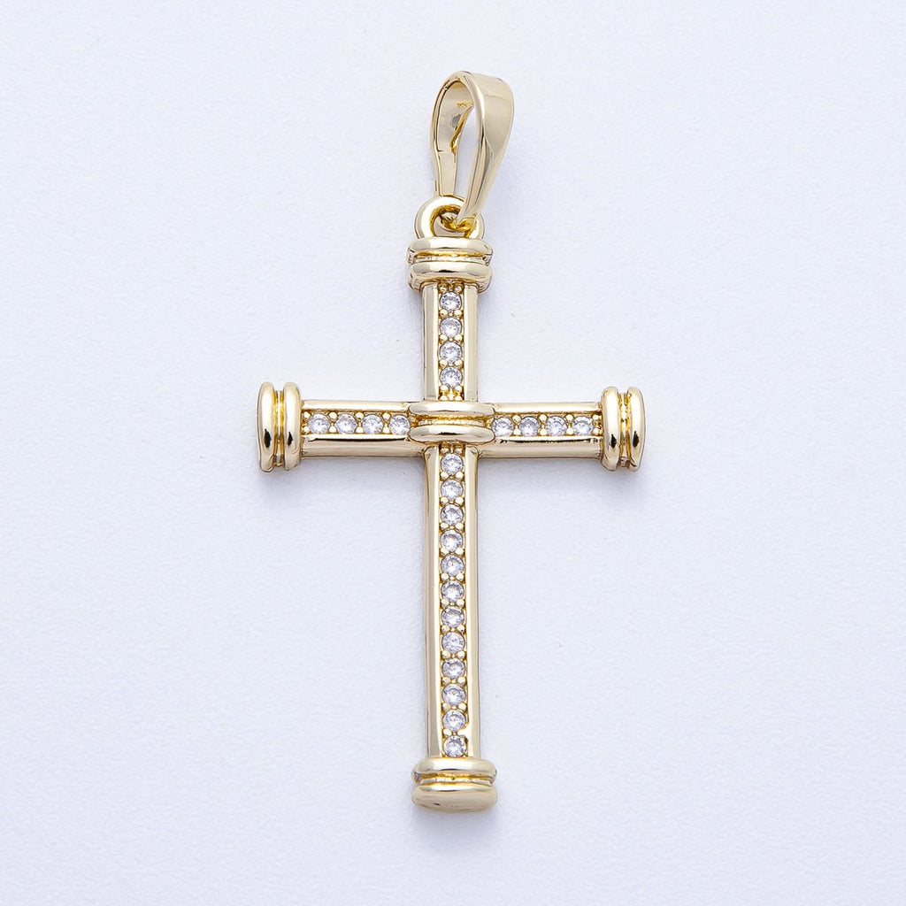 14K Gold Filled 33mm Micro Paved CZ Tube Band Religious Cross Pendant | Charms-00430
