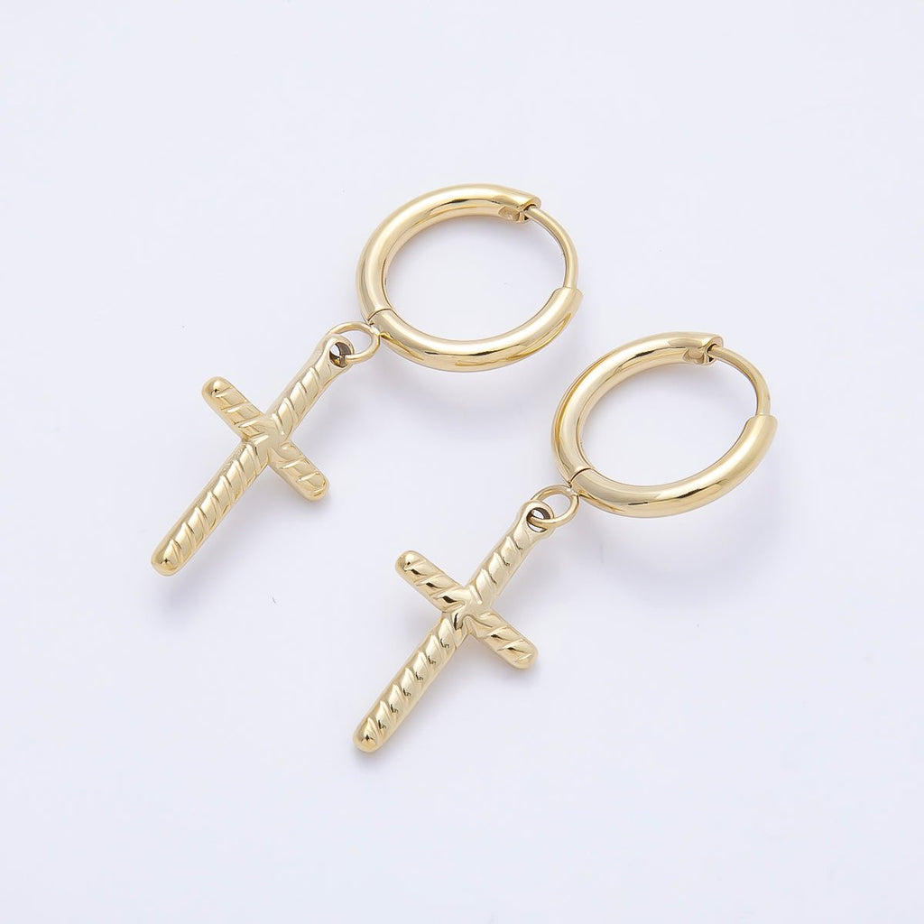 14K Gold Filled 35mm Ribbed Religious Cross Drop Huggie Earrings | Earrings-00647