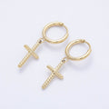 14K Gold Filled 35mm Ribbed Religious Cross Drop Huggie Earrings | Earrings-00647