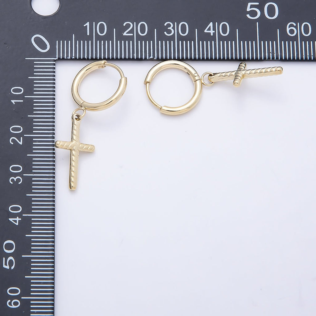 14K Gold Filled 35mm Ribbed Religious Cross Drop Huggie Earrings | Earrings-00647
