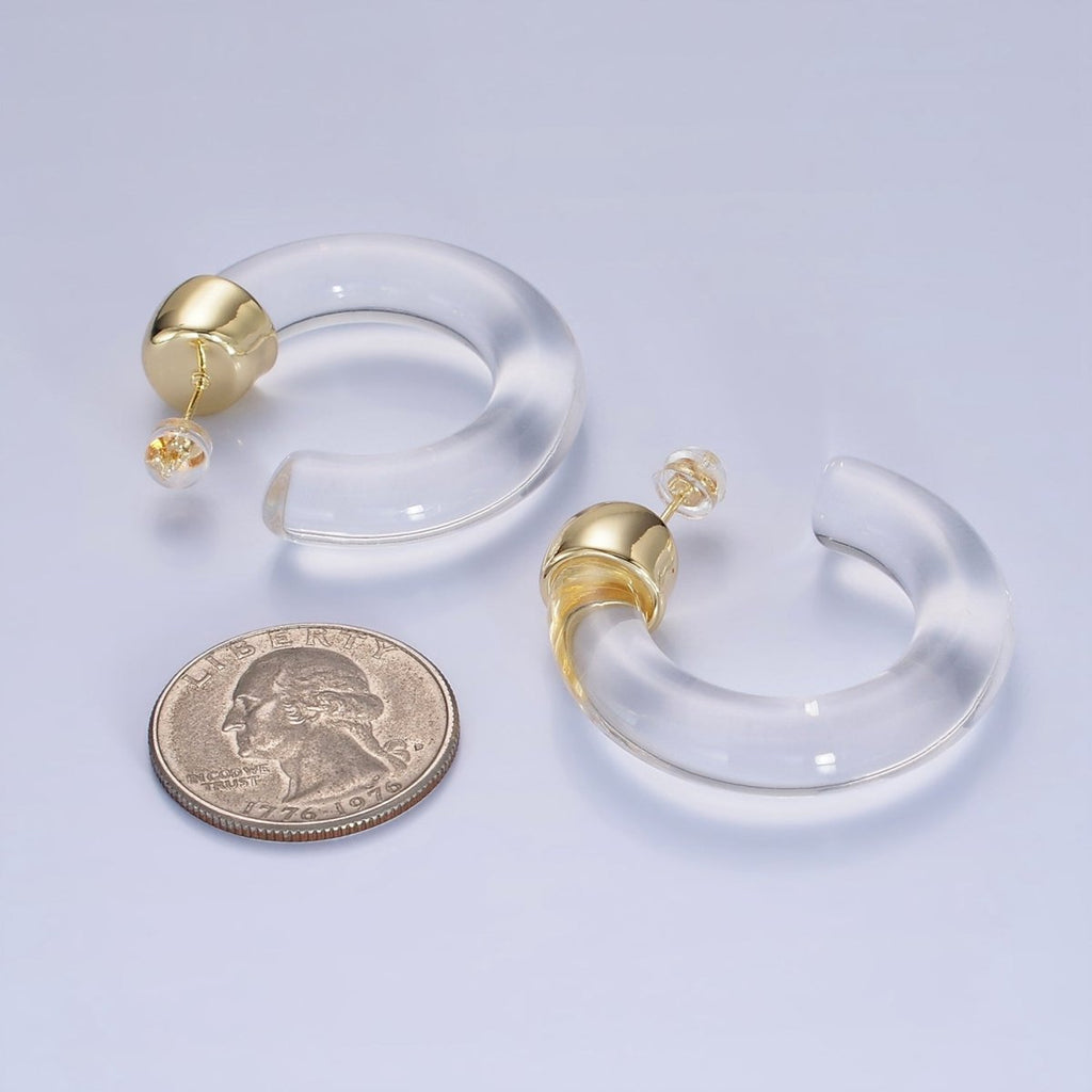 14K Gold Filled 35mm Yellow, Green, Pink, Purple, Clear Resin C-Shaped Hoop Earrings | AE189 - AE192 P082