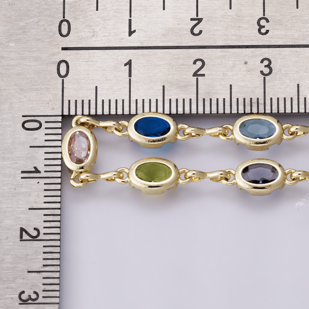 14K Gold Filled 5.3mm Multicolor CZ Oval Bezel Gemstone Unfinished Chain by Yard | Roll-01850