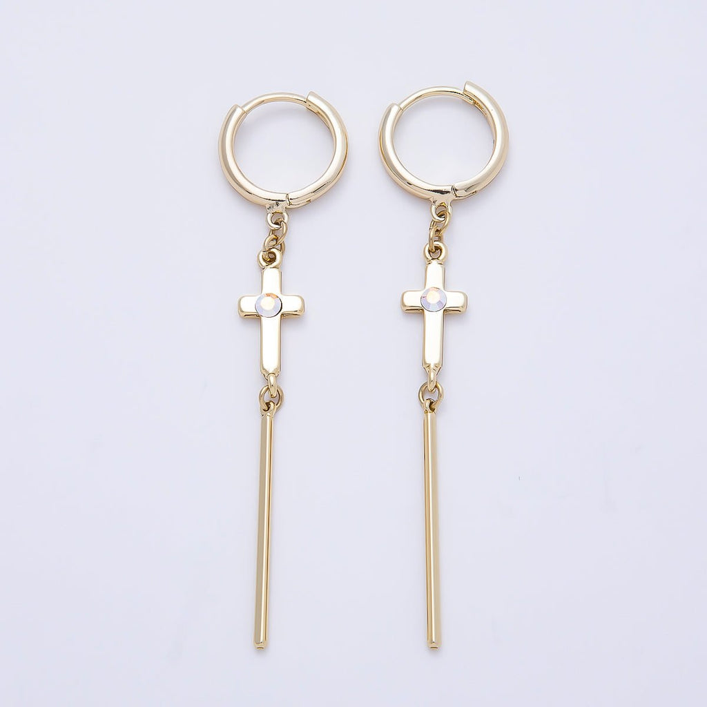 14K Gold Filled 60mm Iridescent AB, Clear CZ Religious Cross Bar Drop Huggie Earrings | Earrings-00648