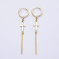 14K Gold Filled 60mm Iridescent AB, Clear CZ Religious Cross Bar Drop Huggie Earrings | Earrings-00648