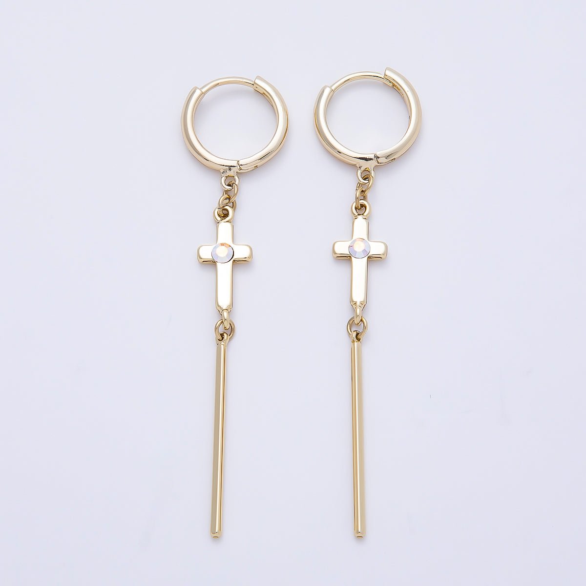 14K Gold Filled 60mm Iridescent AB, Clear CZ Religious Cross Bar Drop Huggie Earrings | Earrings-00648