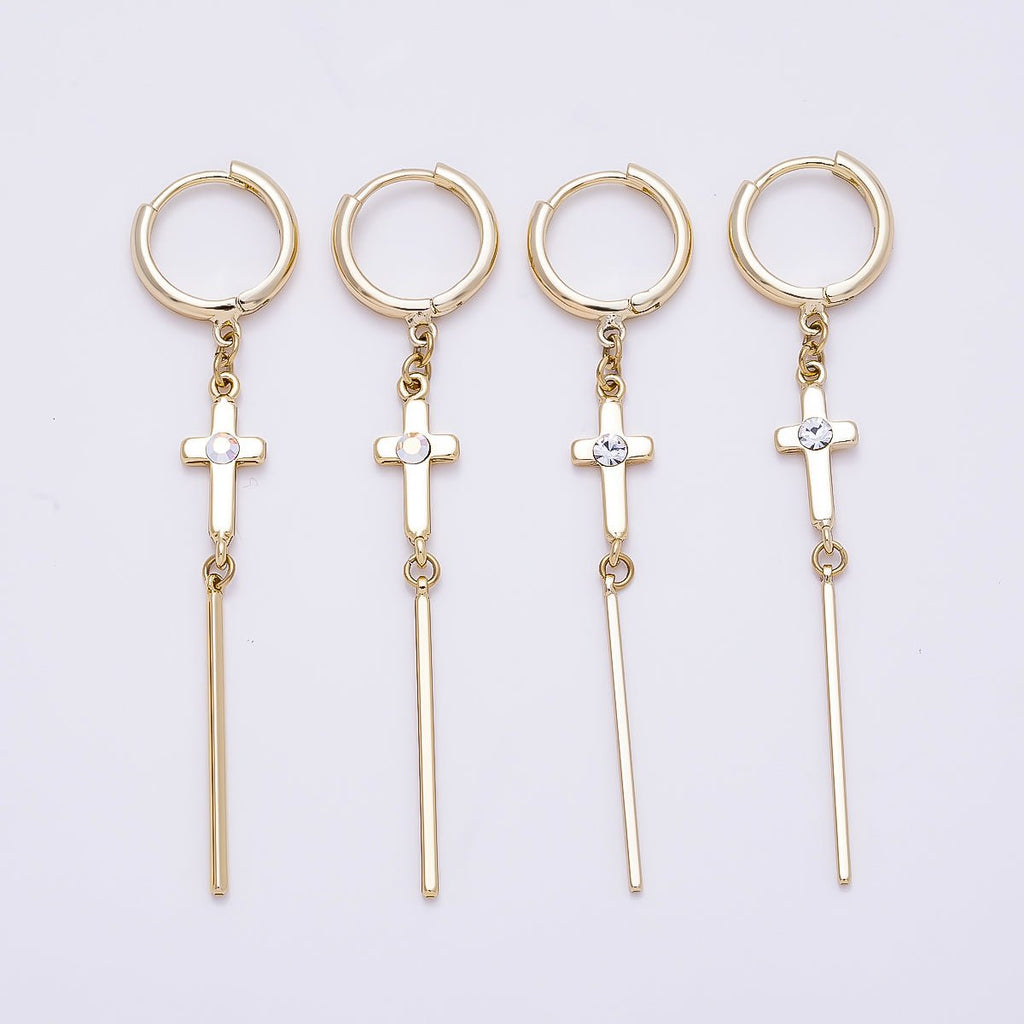 14K Gold Filled 60mm Iridescent AB, Clear CZ Religious Cross Bar Drop Huggie Earrings | Earrings-00648