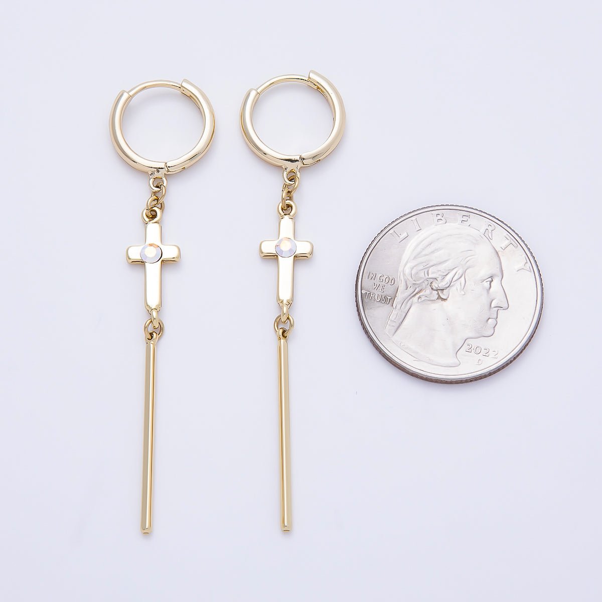 14K Gold Filled 60mm Iridescent AB, Clear CZ Religious Cross Bar Drop Huggie Earrings | Earrings-00648