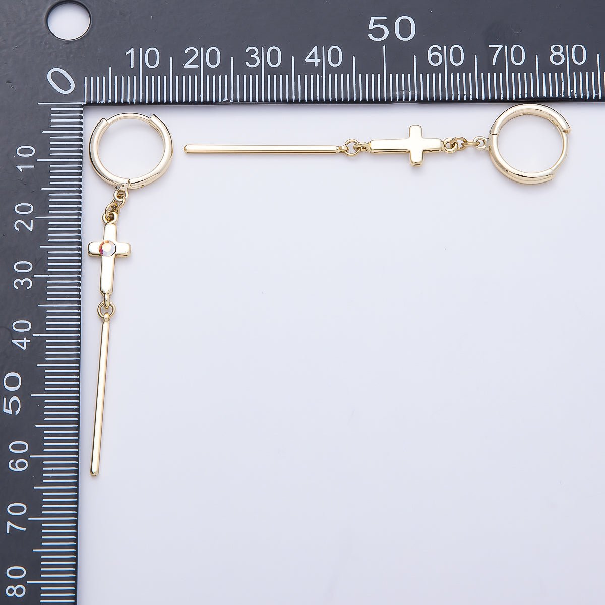 14K Gold Filled 60mm Iridescent AB, Clear CZ Religious Cross Bar Drop Huggie Earrings | Earrings-00648