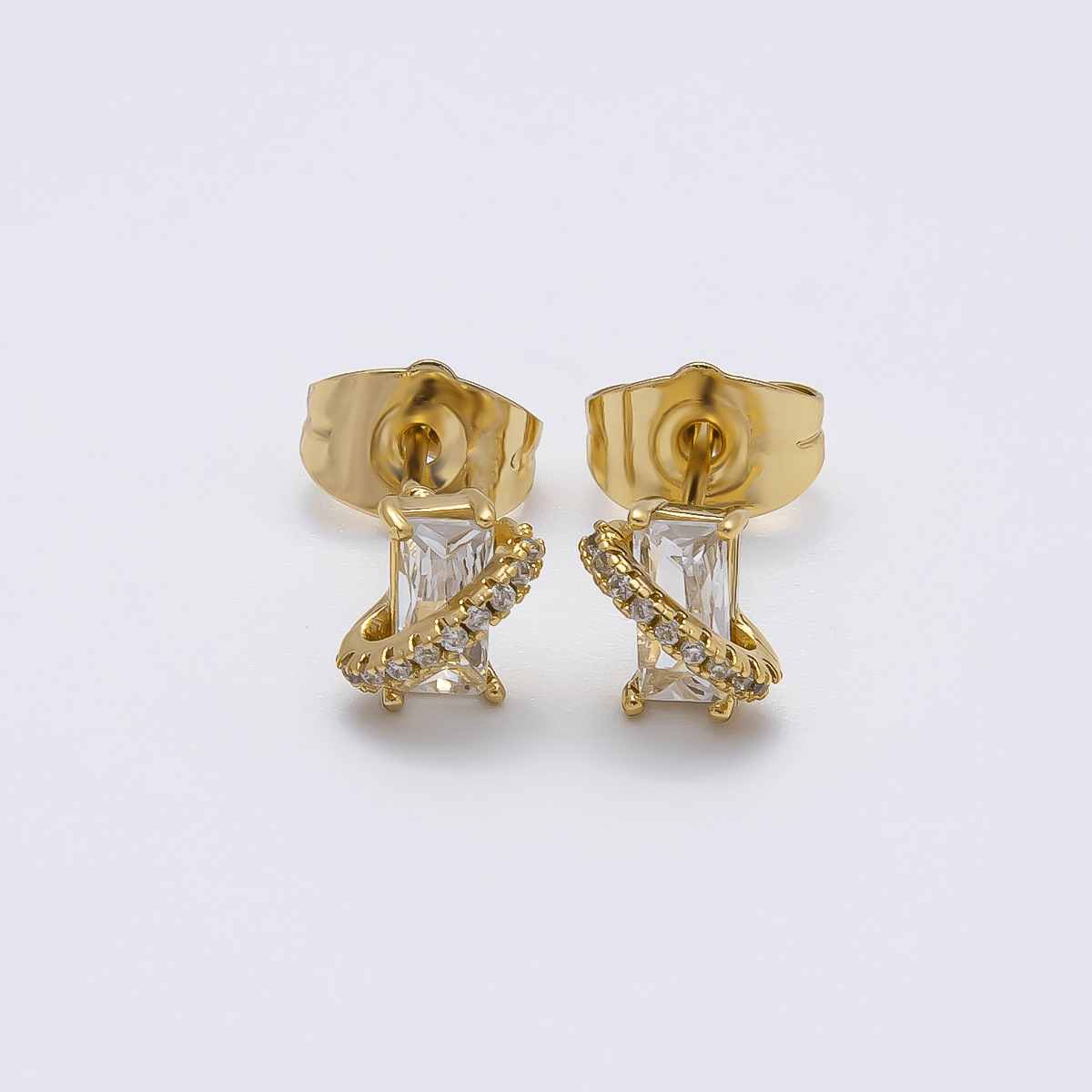 14K Gold Filled 7mm Clear Baguette Micro Paved CZ Mini Stud Earrings | Earrings-00280