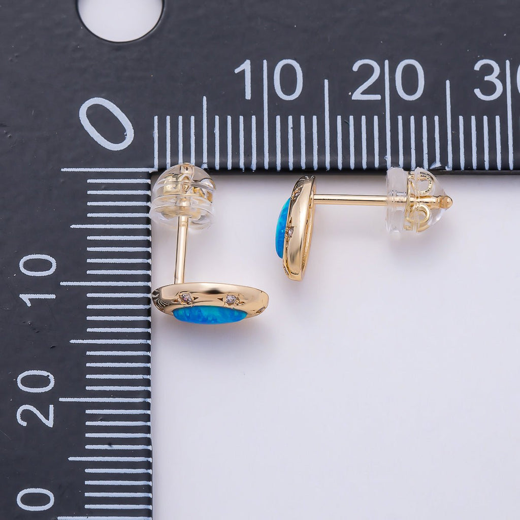 14K Gold Filled 9.5mm White, Blue Opal CZ Star Dotted Marquise Navette Bezel Stud | Earrings-00466 Earrings-00467