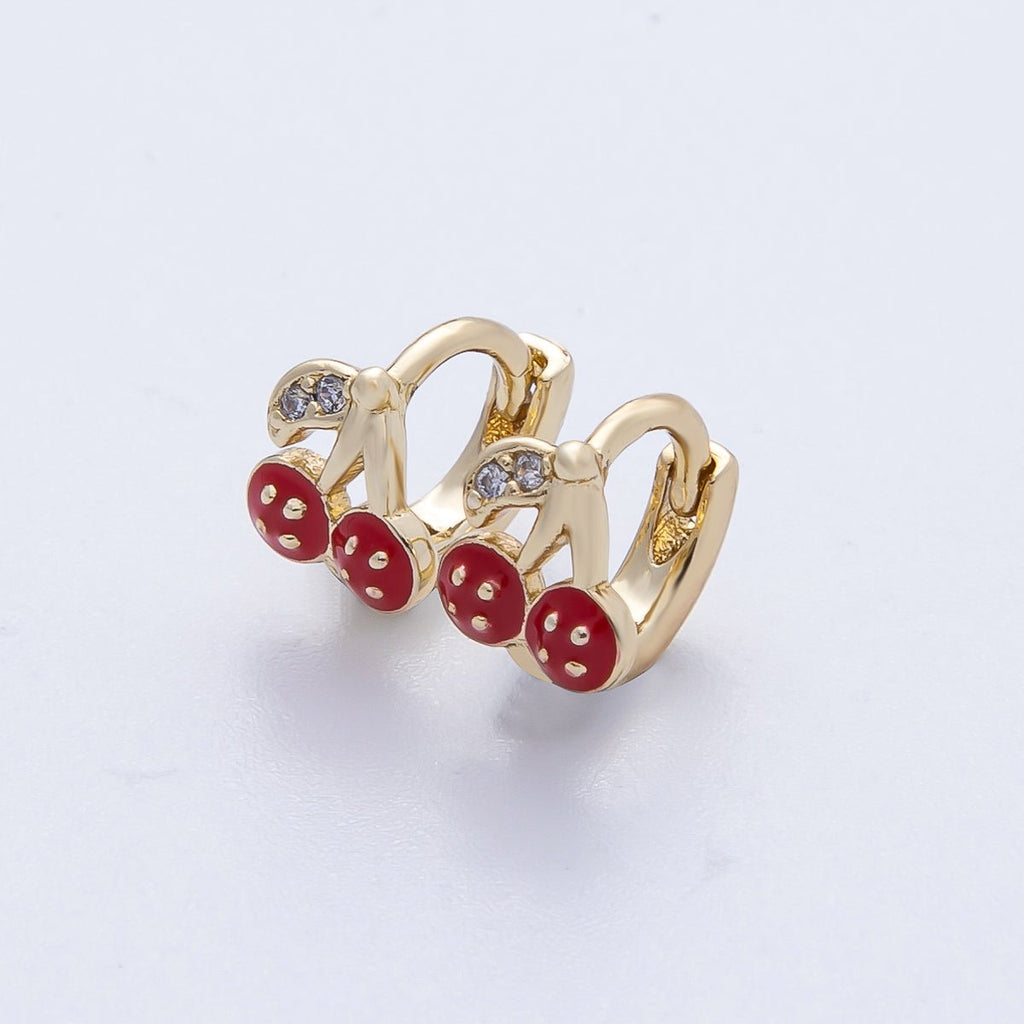 14K Gold Filled 9mm Cherry Fruit Enamel Micro Paved Huggie Earrings | Earrings-00086