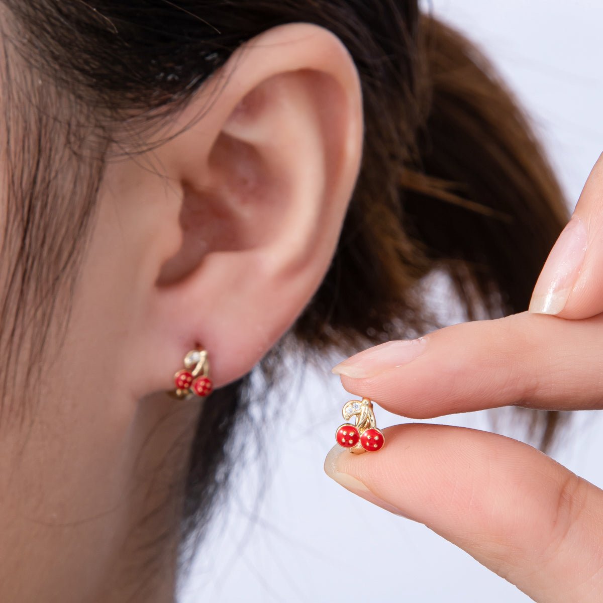 14K Gold Filled 9mm Cherry Fruit Enamel Micro Paved Huggie Earrings | Earrings-00086