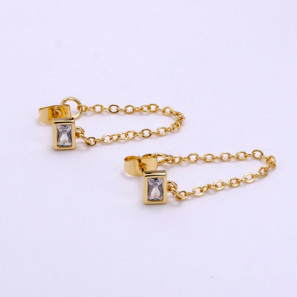 14K Gold Filled Clear Baguette CZ Cable Chain Minimalist Drop Stud | Earrings-00241