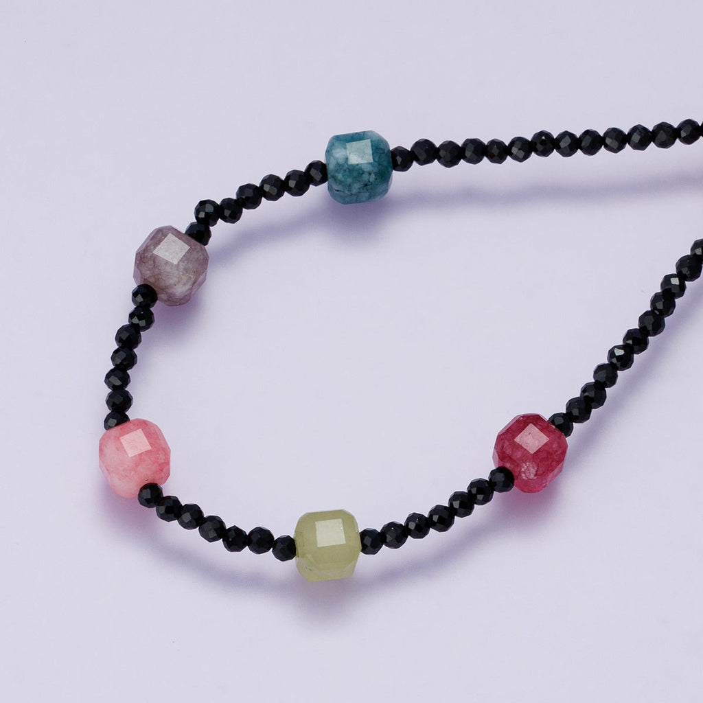 14K Gold Filled Multicolor Black Multifaceted Gemstone Figaro Chain Half 18 Inch Necklace w. Extender | WA-04226