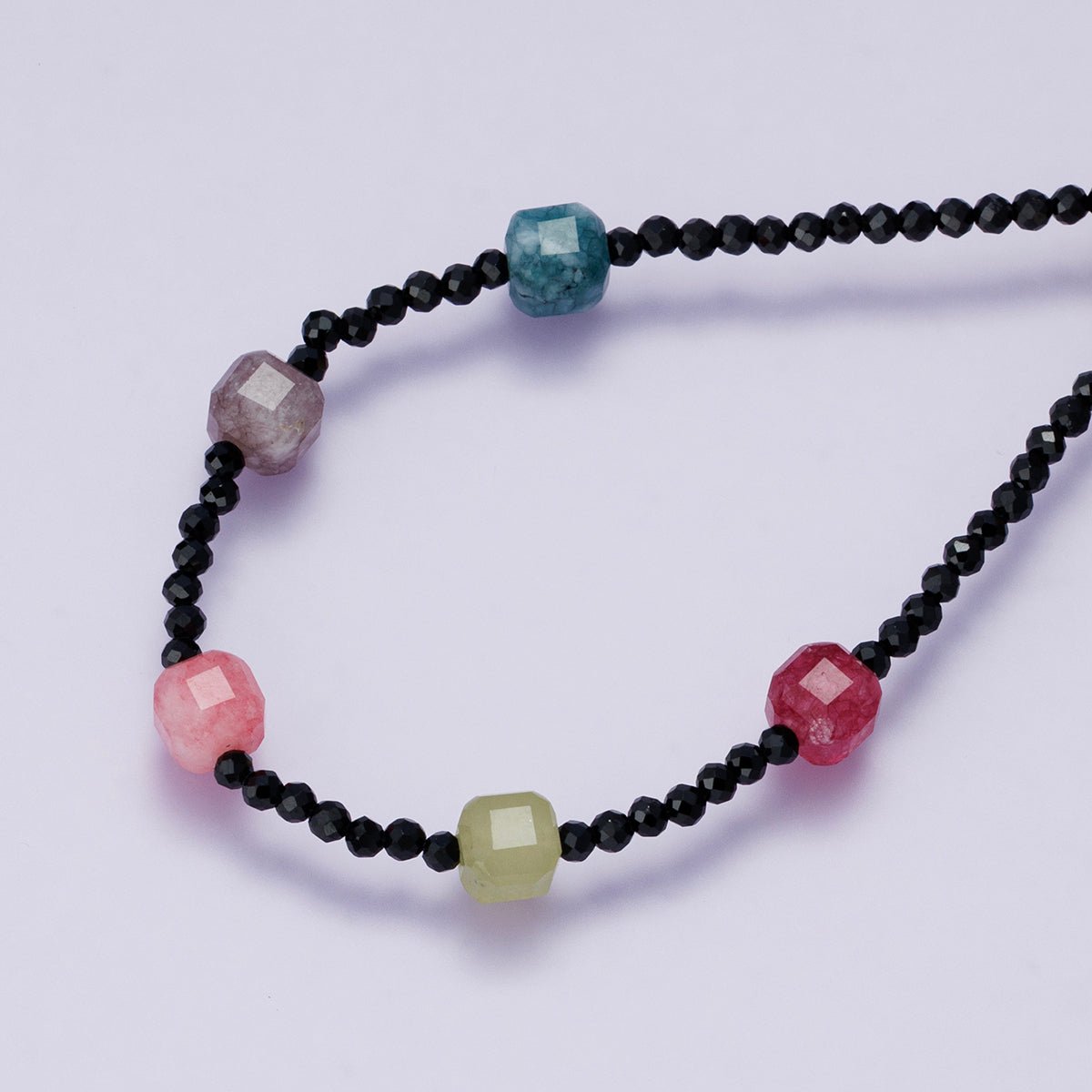 14K Gold Filled Multicolor Black Multifaceted Gemstone Figaro Chain Half 18 Inch Necklace w. Extender | WA-04226