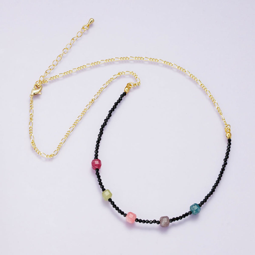 14K Gold Filled Multicolor Black Multifaceted Gemstone Figaro Chain Half 18 Inch Necklace w. Extender | WA-04226