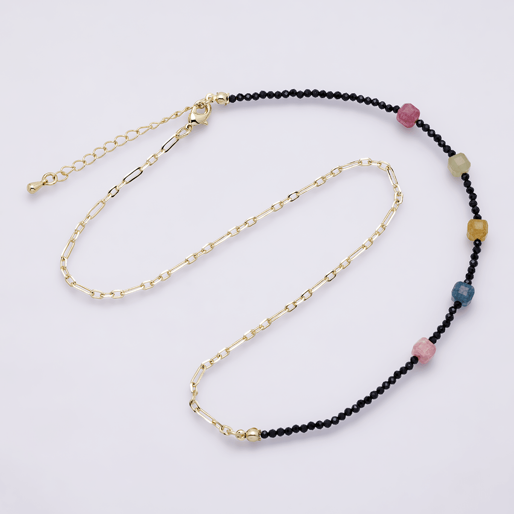 14K Gold Filled Multicolor Black Multifaceted Gemstone Paperclip Chain Half 17.5 Inch Necklace w. Extender | WA-04169