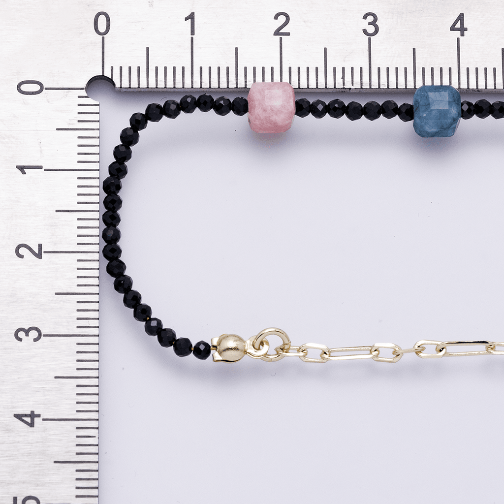 14K Gold Filled Multicolor Black Multifaceted Gemstone Paperclip Chain Half 17.5 Inch Necklace w. Extender | WA-04169