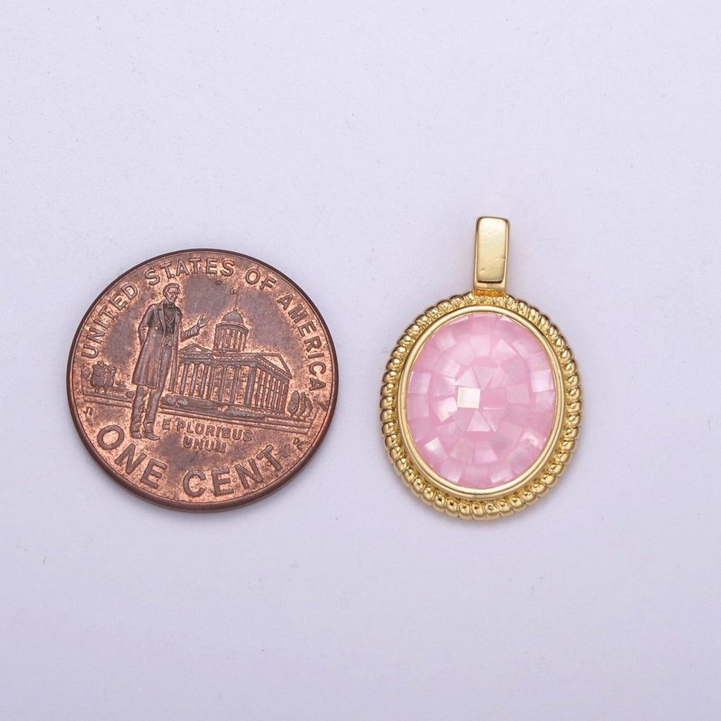 14K Gold Filled Pink Opal, Black Onyx, Green Agate, Abalone, Tiger Eye, Carnelian Bezel Croissant Oval Pendant | H005 N478 - N482