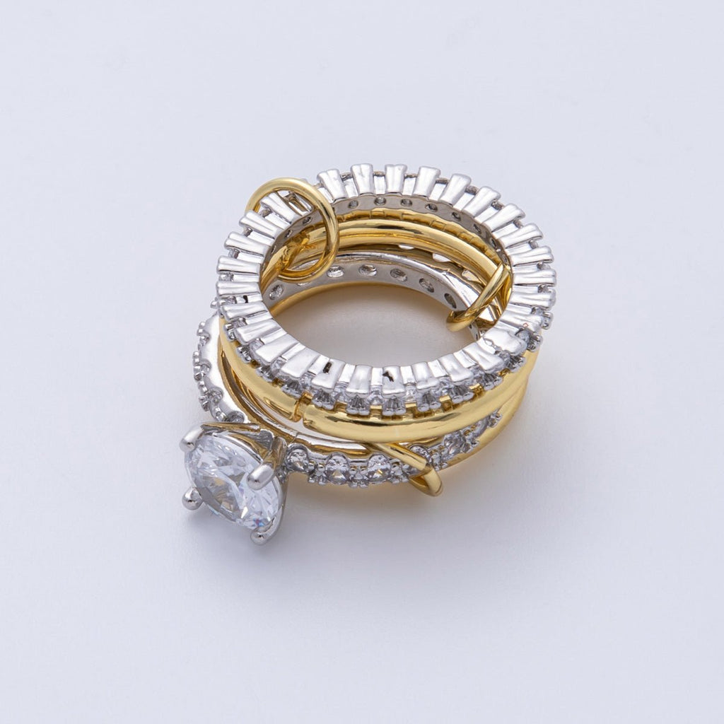 14K Gold Filled Solitaire Micro Paved CZ Interlock Stacked Mixed Metal Ring | O1678