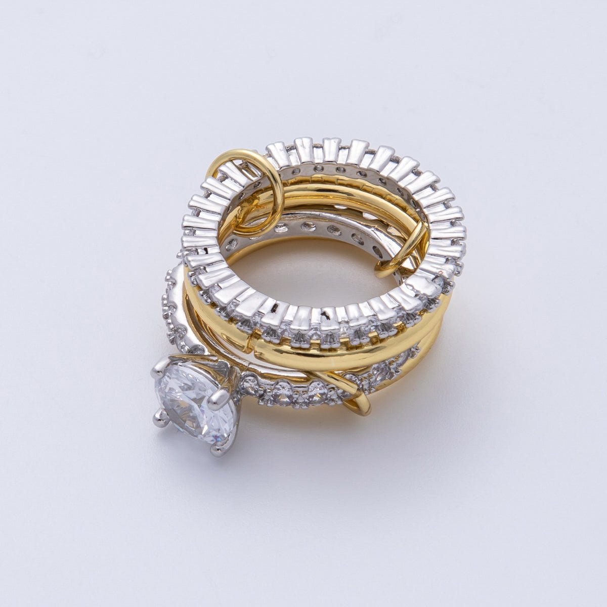 14K Gold Filled Solitaire Micro Paved CZ Interlock Stacked Mixed Metal Ring | O1678