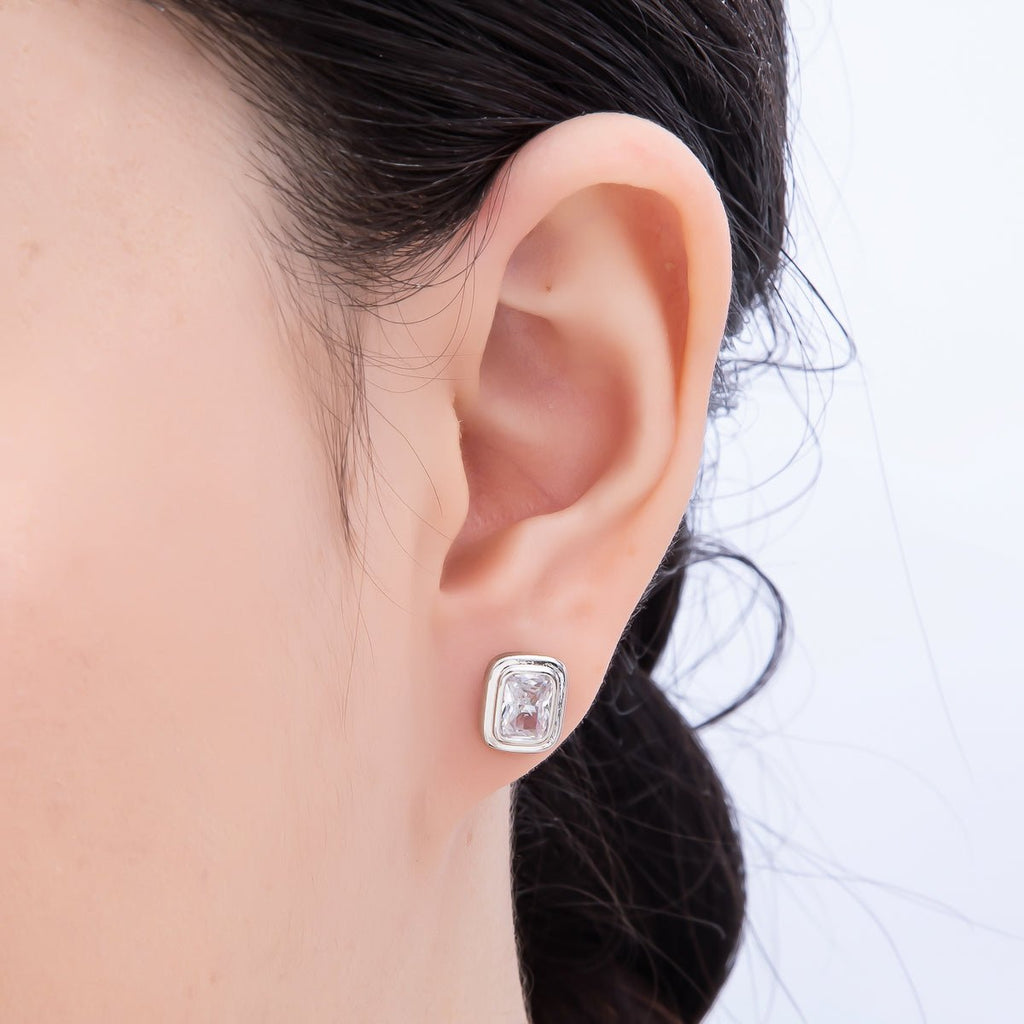 16K Gold Filled 10mm Clear CZ Baguette Bezel Stud Earrings in Gold & Silver | Earrings-00419 Earrings-00420
