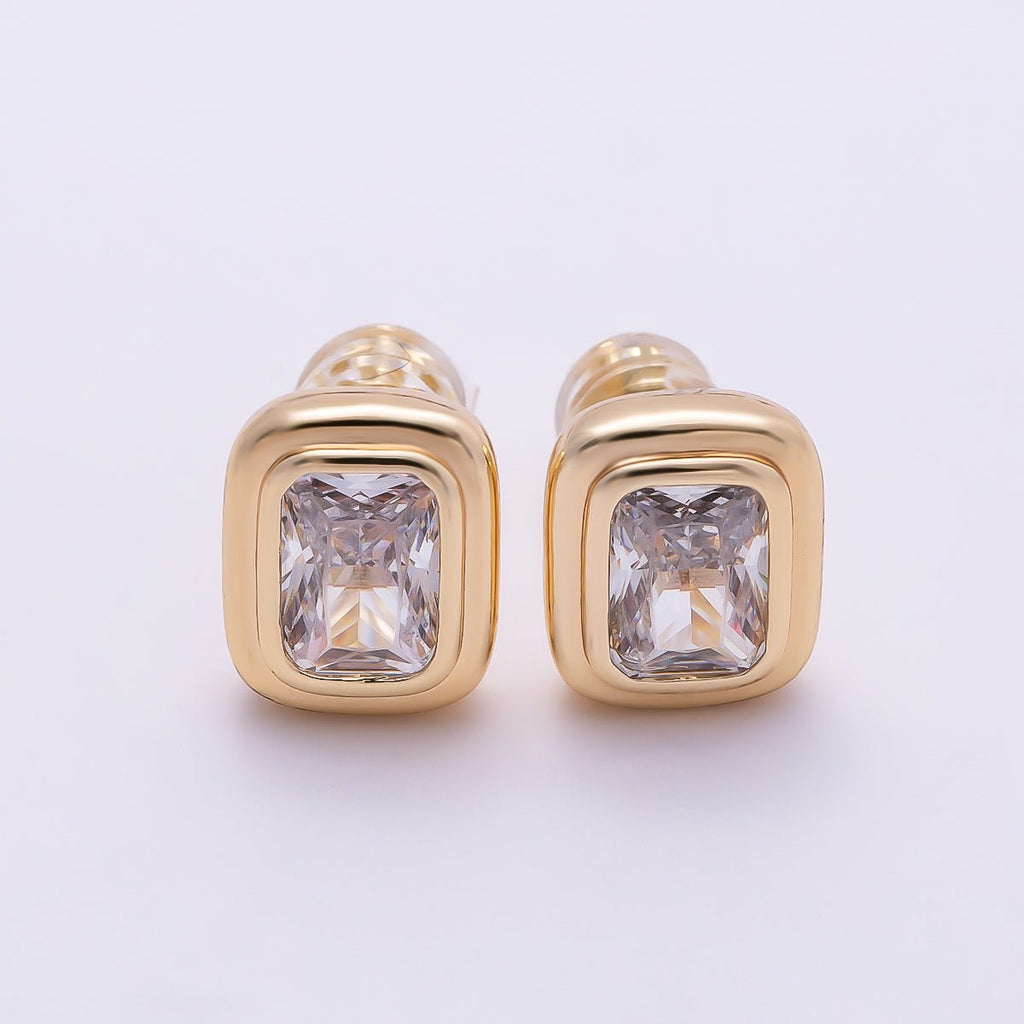 16K Gold Filled 10mm Clear CZ Baguette Bezel Stud Earrings in Gold & Silver | Earrings-00419 Earrings-00420