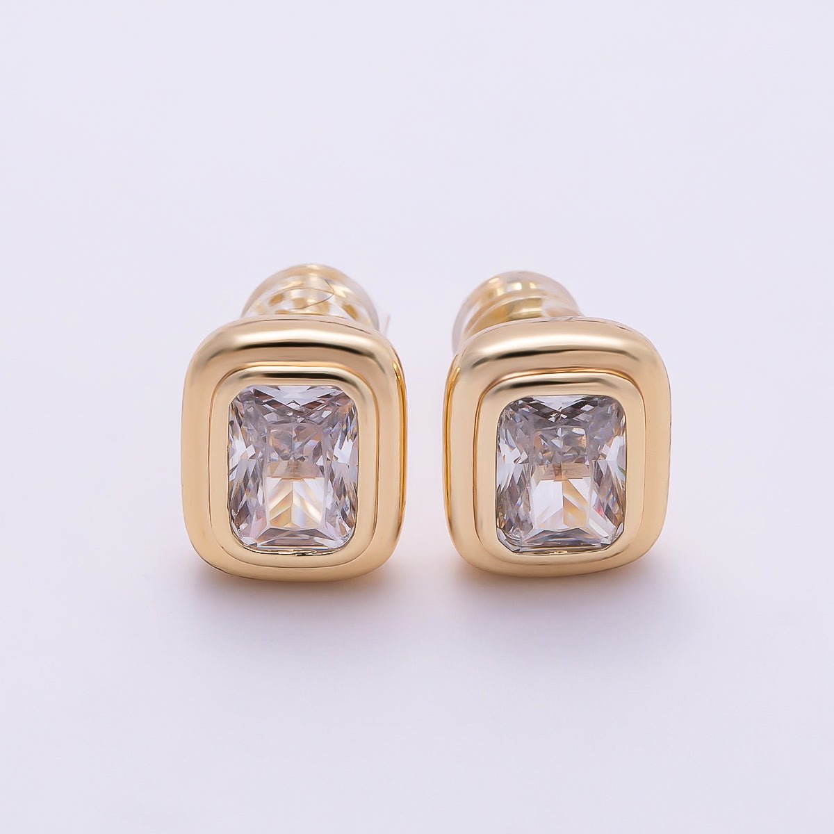 16K Gold Filled 10mm Clear CZ Baguette Bezel Stud Earrings in Gold & Silver | Earrings-00419 Earrings-00420