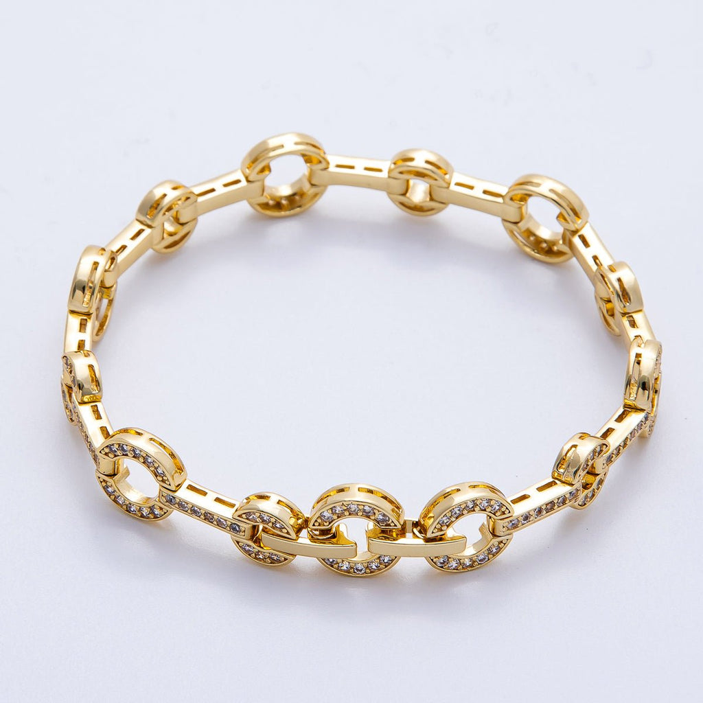 16K Gold Filled 10mm Micro Paved CZ Rolo Chain 7 Inch Adjustable Bracelet | WA-04046