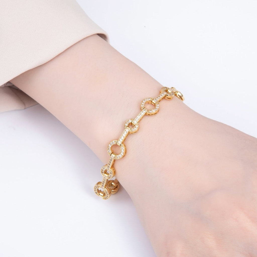 16K Gold Filled 10mm Micro Paved CZ Rolo Chain 7 Inch Adjustable Bracelet | WA-04046