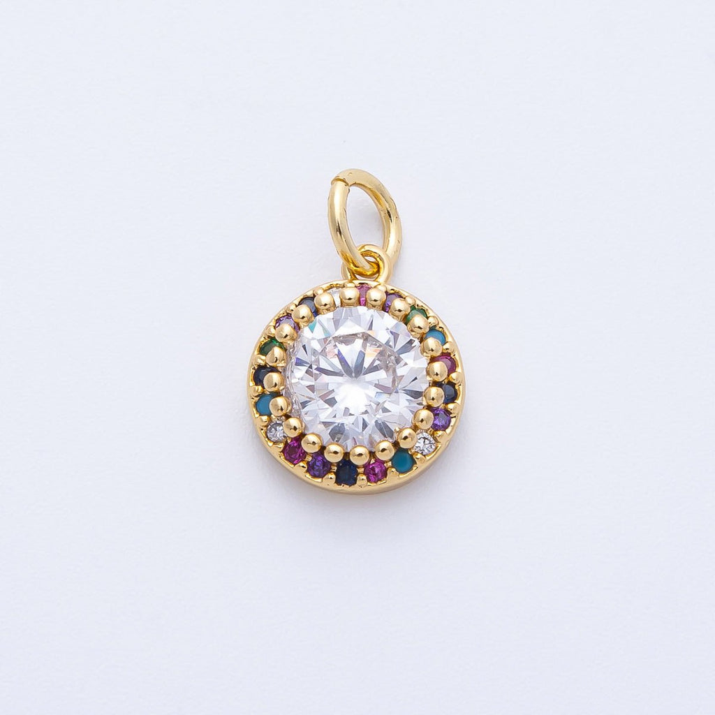 16K Gold Filled 11.5mm Multicolor Clear Micro Paved CZ Round Charm | Charms-00391