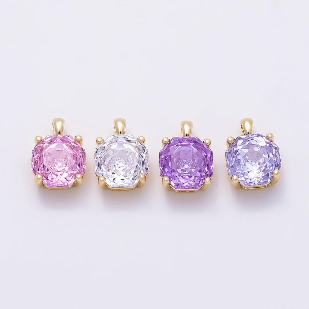 16K Gold Filled 11.5mm Purple, Clear, Pink CZ Prong Hexagon Round Pendant | Charms-01542 ~ Charms-01545