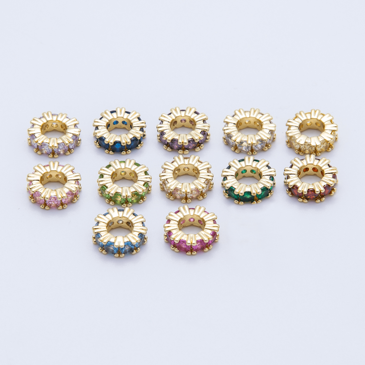 16K Gold Filled 11mm Birthstone Micro Paved CZ Personalized Rondelle Spacer Set | Beads-00065 ~ Beads-00076